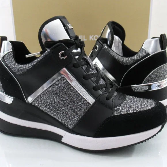 Michael Kors Georgie Trainer Wedge Sneakers Laces MK Logo Black / Grey - Picture 7 of 8